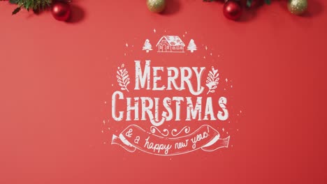 Animation-of-christmas-greetings-text-over-baubles-on-red-background