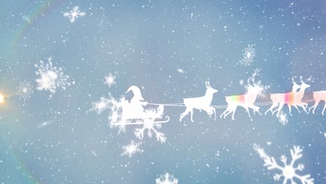 Animation-of-santa-claus-in-sleigh-with-reindeer-over-snow-falling-in-winter-scenery