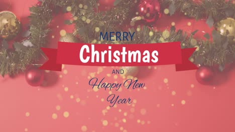Animation-of-christmas-greetings-text-over-christmas-decorations-on-red-background