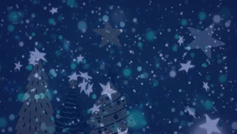 Animation-Von-Sternen-Und-Blauen-Lichtflecken-über-Weihnachtsbaumsymbolen-Vor-Blauem-Hintergrund