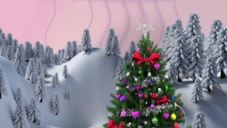 Animation-Des-Weihnachtsbaums-über-Winterlandschaft-Und-Rosa-Hintergrund-Mit-Wellen
