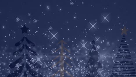 Animation-of-christmas-trees-and-snow-over-blue-background