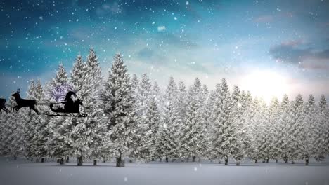 Animation-of-snow-falling-over-santa-claus-in-sleigh-with-reindeer-and-christmas-trees