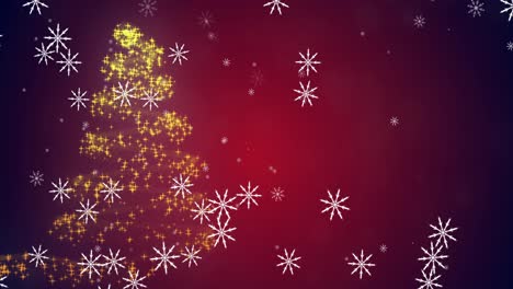 Animation-Fallender-Schneeflocken-über-Blendenfleck,-Der-Einen-Weihnachtsbaum-Vor-Abstraktem-Hintergrund-Bildet