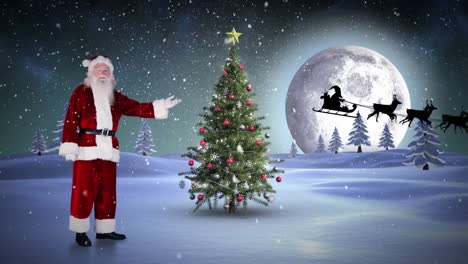 Animación-De-Papá-Noel-En-Trineo-Con-Renos-Sobre-Un-árbol-De-Navidad-En-Un-Paisaje-Invernal.