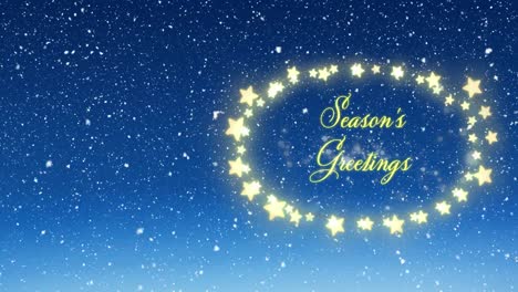 Animation-of-snow-falling-over-seasons-greetings-text-over-fairy-lights-banner-on-blue-background
