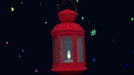 Animation-Des-Roten-Weihnachtslampensymbols-über-Mehreren-Bunten-Sternen,-Die-Vor-Schwarzem-Hintergrund-Fallen