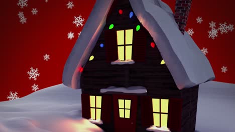Animation-Von-Schnee,-Der-über-Ein-Haus-Auf-Rotem-Hintergrund-Fällt