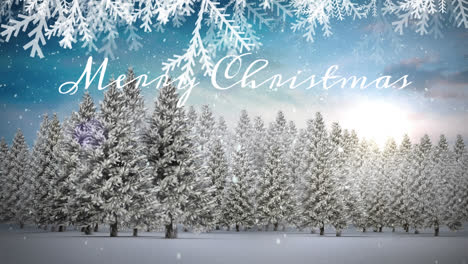 Animation-of-christmas-greetings-text-over-snow-falling-in-winter-scenery
