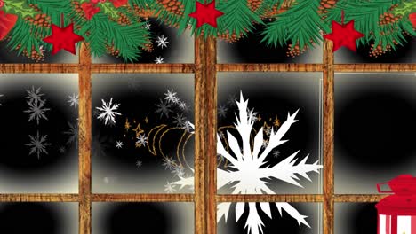 Animation-Von-Schnee,-Der-über-Weihnachtsdekorationen-Im-Fenster-Fällt