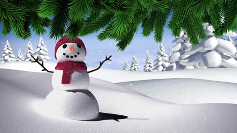 Animation-of-green-leaves-and-snow-falling-over-snowman-on-winter-landscape