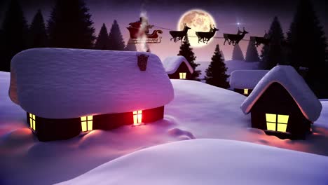 Animation-of-winter-night-landscape-with-santa-sleigh-and-houses