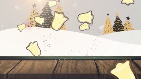 Animation-Von-Weihnachtsglockensymbolen-über-Einer-Holzoberfläche-Vor-Weihnachtsbäumen-In-Einer-Winterlandschaft