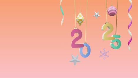Animation-of-2025-number-over-new-year-and-christmas-decorations-on-pink-background