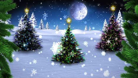 Animation-of-green-leaves-and-snowflakes-falling-over-three-christmas-trees-on-winter-landscape