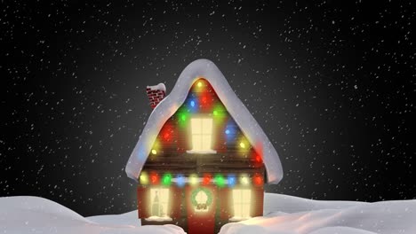 Animation-of-snow-falling-over-house-with-christmas-decorations