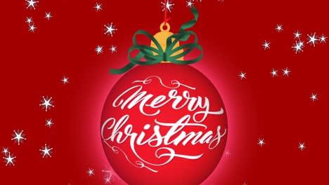 Animation-of-christmas-greetings-text-over-red-bauble-decoration-on-red-background