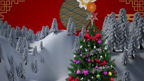 Animation-of-snowflakes-over-winter-landscape-with-christmas-tree-on-red-background