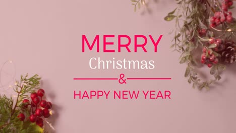 Animation-of-merry-christmas-and-happy-new-year-text-banner-over-red-cherries-on-pink-surface