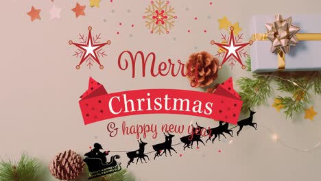 Animation-of-merry-christmas-and-happy-new-year-text,-santa-riding-reindeers-sleigh-on-gift-box