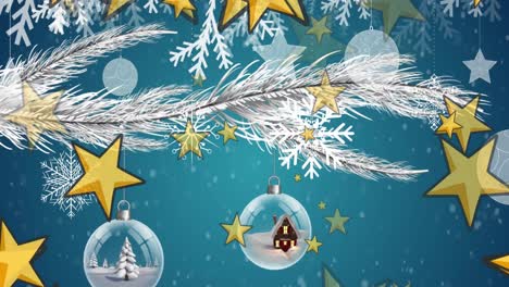 Animation-of-falling-golden-stars-and-christmas-decoration-over-red-background