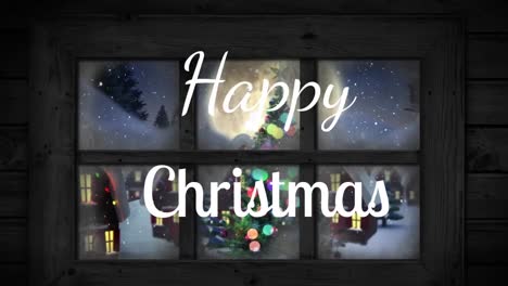 Animation-Von-Weihnachtsgrußtexten-über-Weihnachtlicher-Winterlandschaft-Und-Fenster