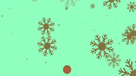 Animation-of-snowflakes-icons-and-red-particles-falling-against-green-background-with-copy-space