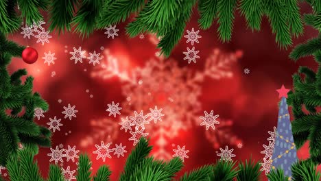 Animación-De-Hojas-De-árboles-De-Navidad,-Adornos-Y-Estrellas-En-árboles-Sobre-Copos-De-Nieve-Sobre-Fondo-Rojo