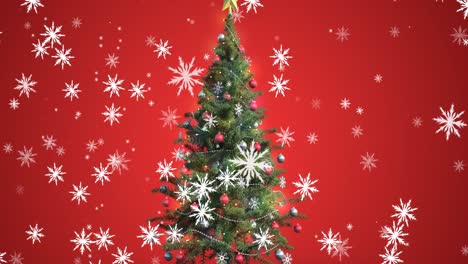 Animation-of-snowflakes-icons-falling-over-decorated-christmas-tree-against-red-background