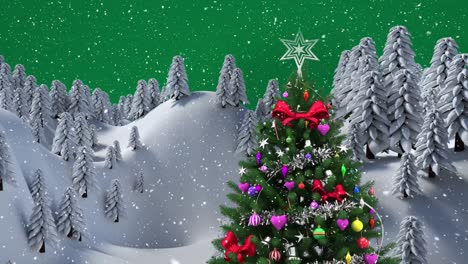 Animation-Von-Schnee,-Der-über-Den-Weihnachtsbaum-Fällt,-Und-Winterlandschaft-Auf-Grünem-Hintergrund