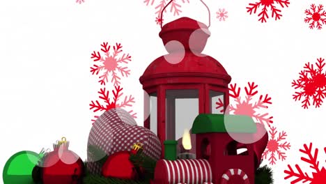 Animation-of-falling-red-snowflakes-and-christmas-lantern-over-white-background