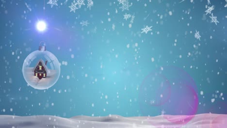 Animation-of-snow-falling-over-shooting-star-and-christmas-snow-globe-bauble