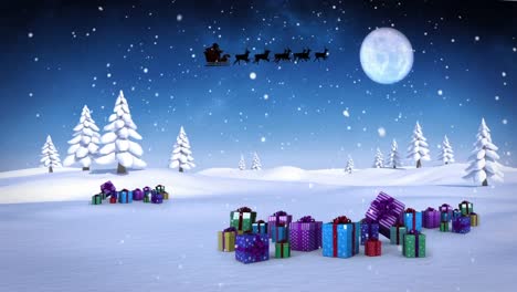 Animation-of-winter-night-landscape-with-santa-sleigh-and-presents
