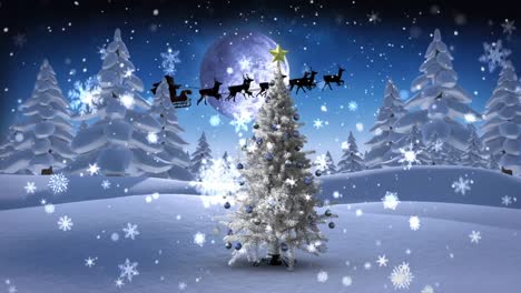 Animation-of-snowflakes-falling-and-bubbles-floating-over-white-christmas-tree-on-winter-landscape