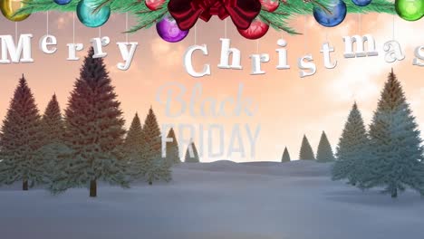 Animation-of-merry-christmas-text-banner-with-hanging-decorations-against-winter-landscape