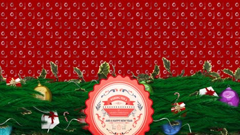 Animation-Von-Weihnachtsgrußtexten-über-Dekorationen-Auf-Rotem-Hintergrund