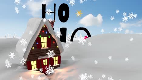 Animation-of-snowflakes-falling-over-ho-ho-ho-text-banner-and-house-icon-on-winter-landscape