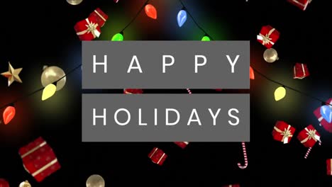 Animation-of-happy-holidays-text-banner-over-christmas-decoration-icons-falling-against-fairy-lights