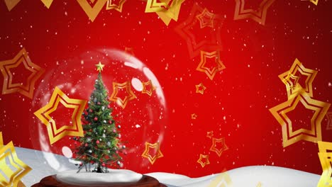Animation-of-falling-golden-stars-and-christmas-snowing-globe-over-red-background