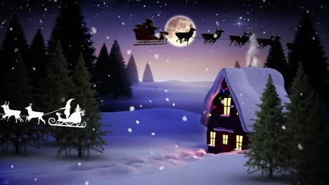 Animación-De-Papá-Noel-En-Trineo-Con-Renos-Sobre-Una-Casa-En-Un-Paisaje-Invernal.