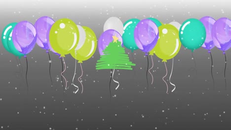 Animation-of-snow-falling-over-christmas-tree-icon-and-balloons-floating-against-grey-background