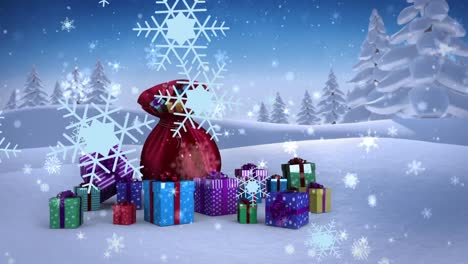 Animation-Von-Schnee,-Der-über-Weihnachtsgeschenke-Und-Winterlandschaft-Fällt