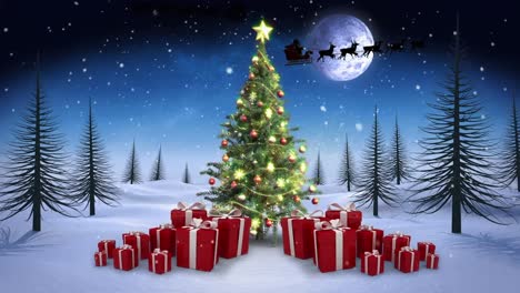 Animation-Des-Weihnachtsmanns-Im-Schlitten-Mit-Rentieren-über-Weihnachtsbaum-Und-Geschenken