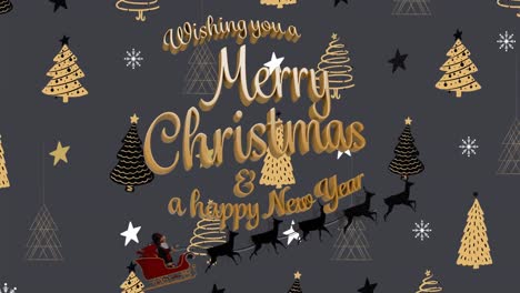 Animation-of-christmas-greetings-text,-santa-claus-in-sleigh-with-reindeer-and-christmas-decoration