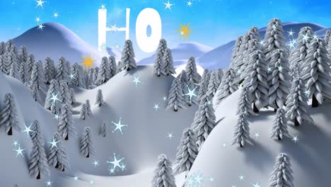 Animation-of-star-icons-falling-over-ho-ho-ho-text-banner-against-winter-landscape
