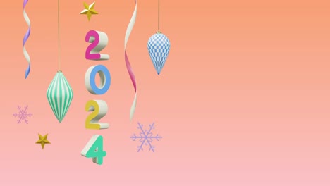 Animation-of-2024-number-over-new-year-and-christmas-decorations-on-pink-background