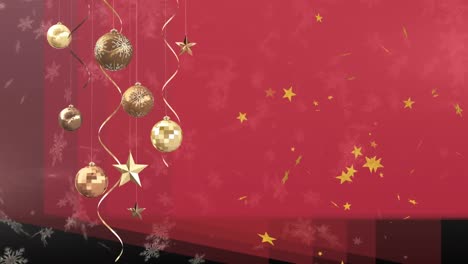 Animation-of-hanging-christmas-bauble-decorations-over-snowflakes-and-stars-on-red-background