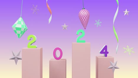 Animation-of-2024-number-over-new-year-and-christmas-decorations-on-purple-background