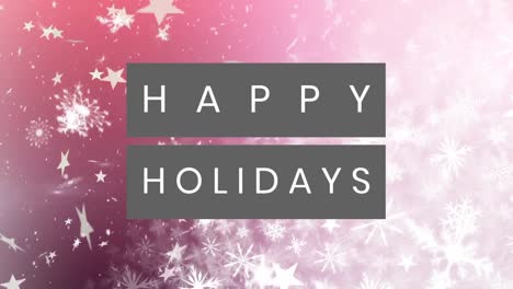 Animation-of-happy-holidays-text-banner-over-snowflakes-falling-against-pink-gradient-background
