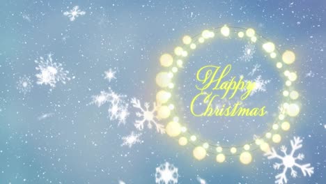 Animation-of-happy-christmas-text-over-fairy-lights-banner-against-spots-of-light-on-blue-background
